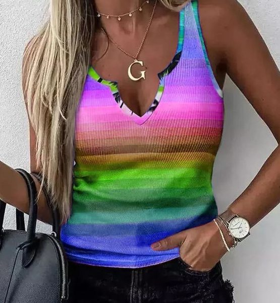 Ladies' V-neck Rainbow Stripe Fashion Tank Top