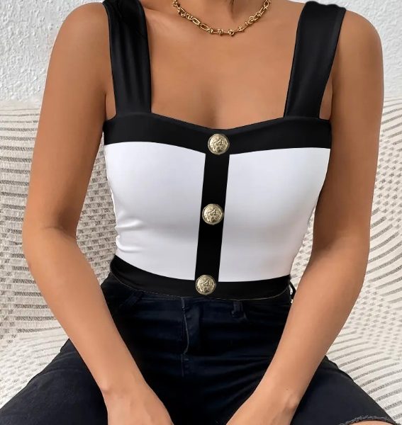 Women's Square Neck Sleeveless Color Blocked Versatile Slim Fit Vest