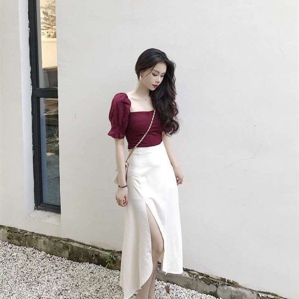 Court Style Square Collar Top High Waist Side Slit Skirt For Women