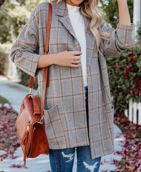 Ladies' Plaid Printed Open Collar Casual Suit Jacket