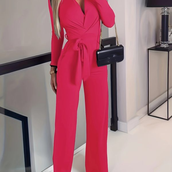 Women's Solid V-neck Bow Tie Waist Slimming Fashion Jumpsuit