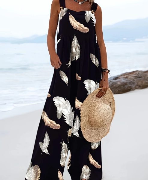 Women's Feather Printed Fashionable Casual Jumpsuit