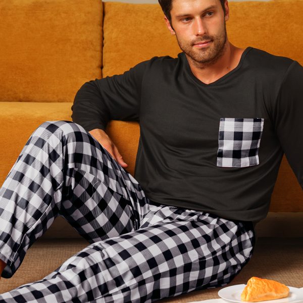 Polyester Long Sleeve Trousers Men's Pajama Set